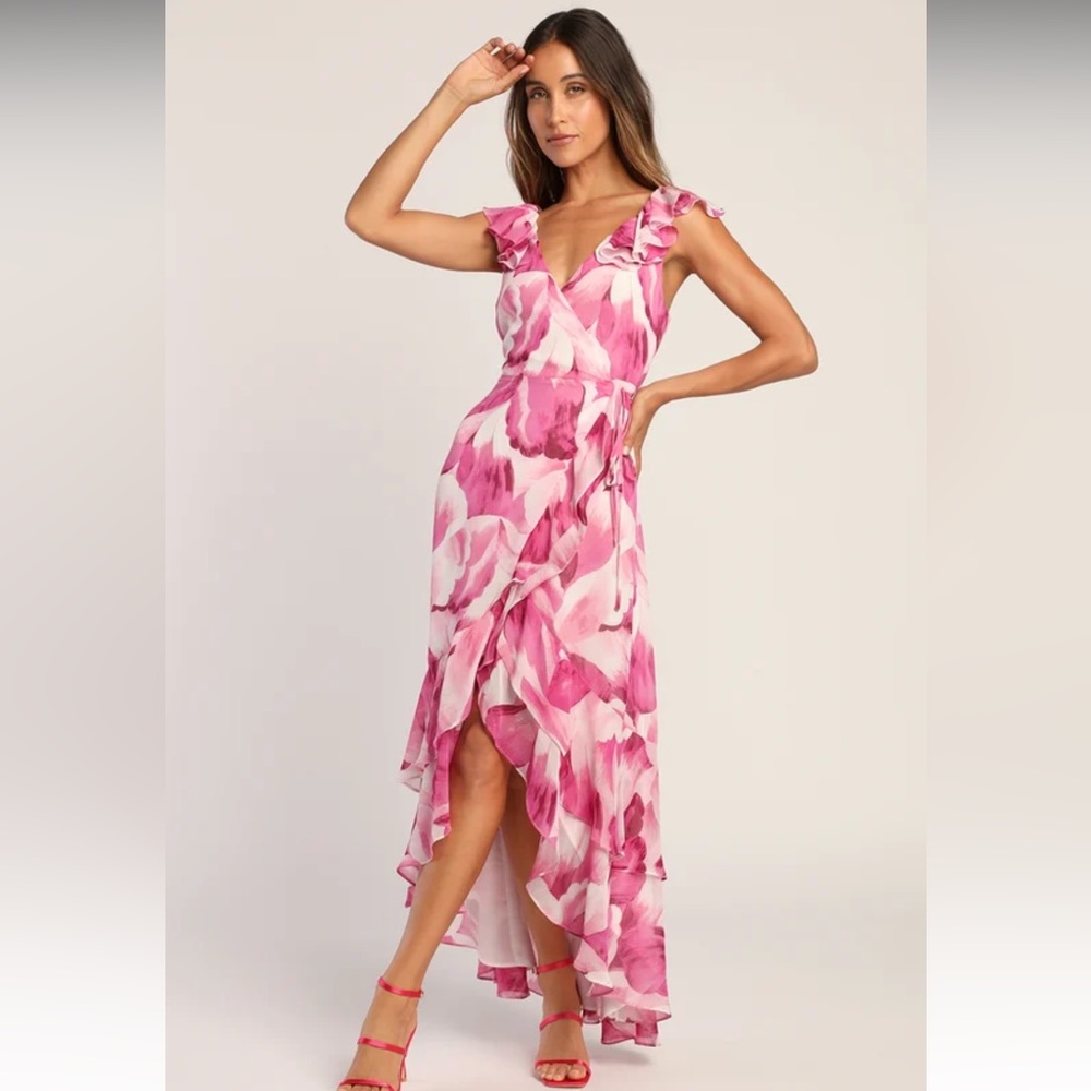Elevate the Occasion Pink Floral Ruffled Wrap High- Low Dress